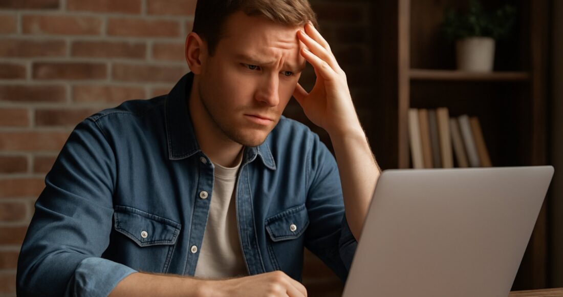 En mann sitter foran Pcen og er frustrert fordi han ikke får henvendelser på nettsiden sin