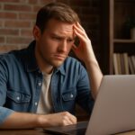 En mann sitter foran Pcen og er frustrert fordi han ikke får henvendelser på nettsiden sin