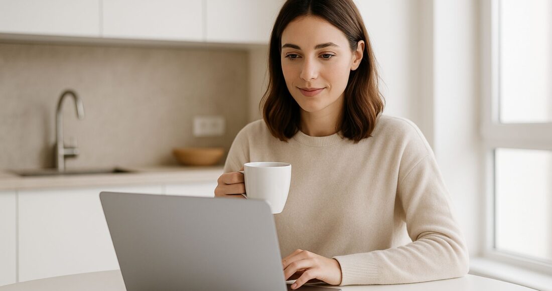 Kvinne med kaffekopp som jobber på laptop ved et lyst, minimalistisk kjøkken – illustrerer hvordan småbedriftseiere kan lære SEO og jobbe med synlighet på Google.