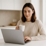 Kvinne med kaffekopp som jobber på laptop ved et lyst, minimalistisk kjøkken – illustrerer hvordan småbedriftseiere kan lære SEO og jobbe med synlighet på Google.