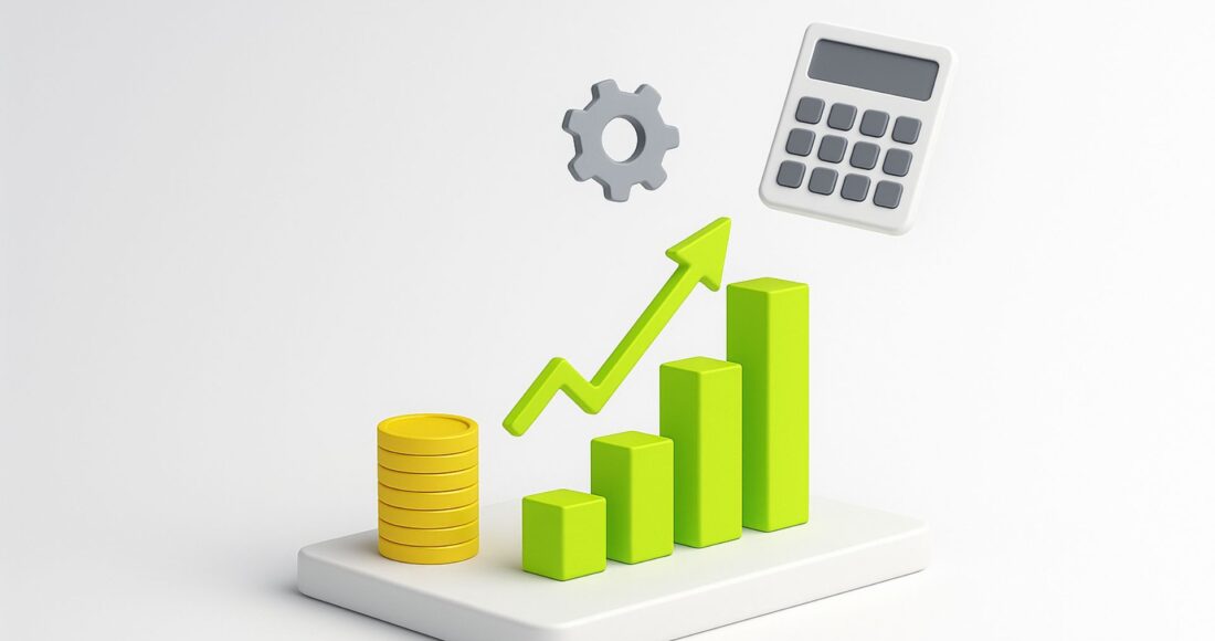 3D-illustrasjon av stigende søyler, pil og mynter som viser hvordan øke lønnsomheten i bedriften.